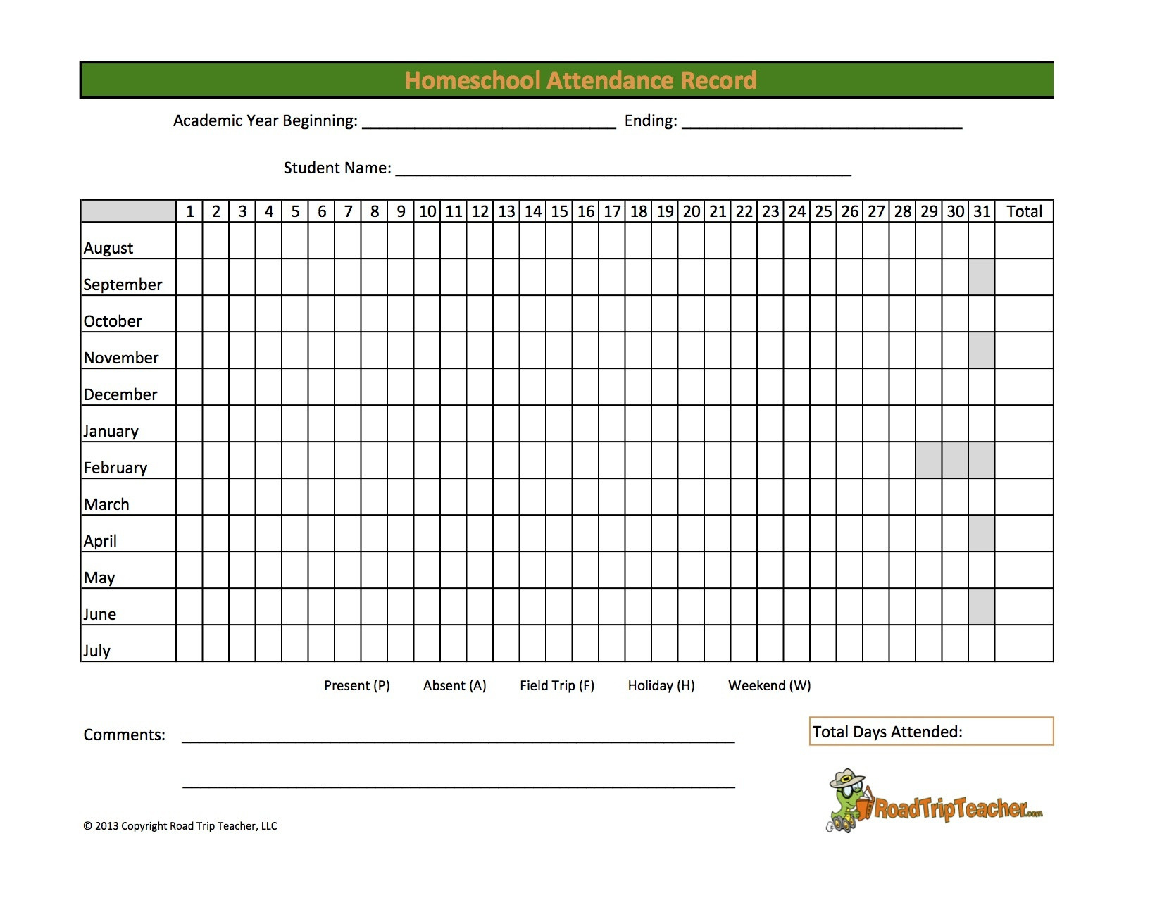 Free Printable Attendance Sheets For Homeschool | Free-Free 2021 Attendance Online Calendar