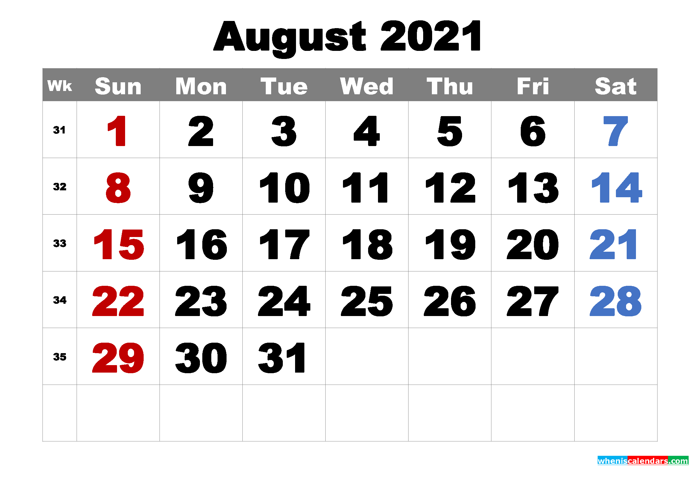 Free Printable August 2021 Calendar Word, Pdf, Image-Printable Calendar 2021 Large Font