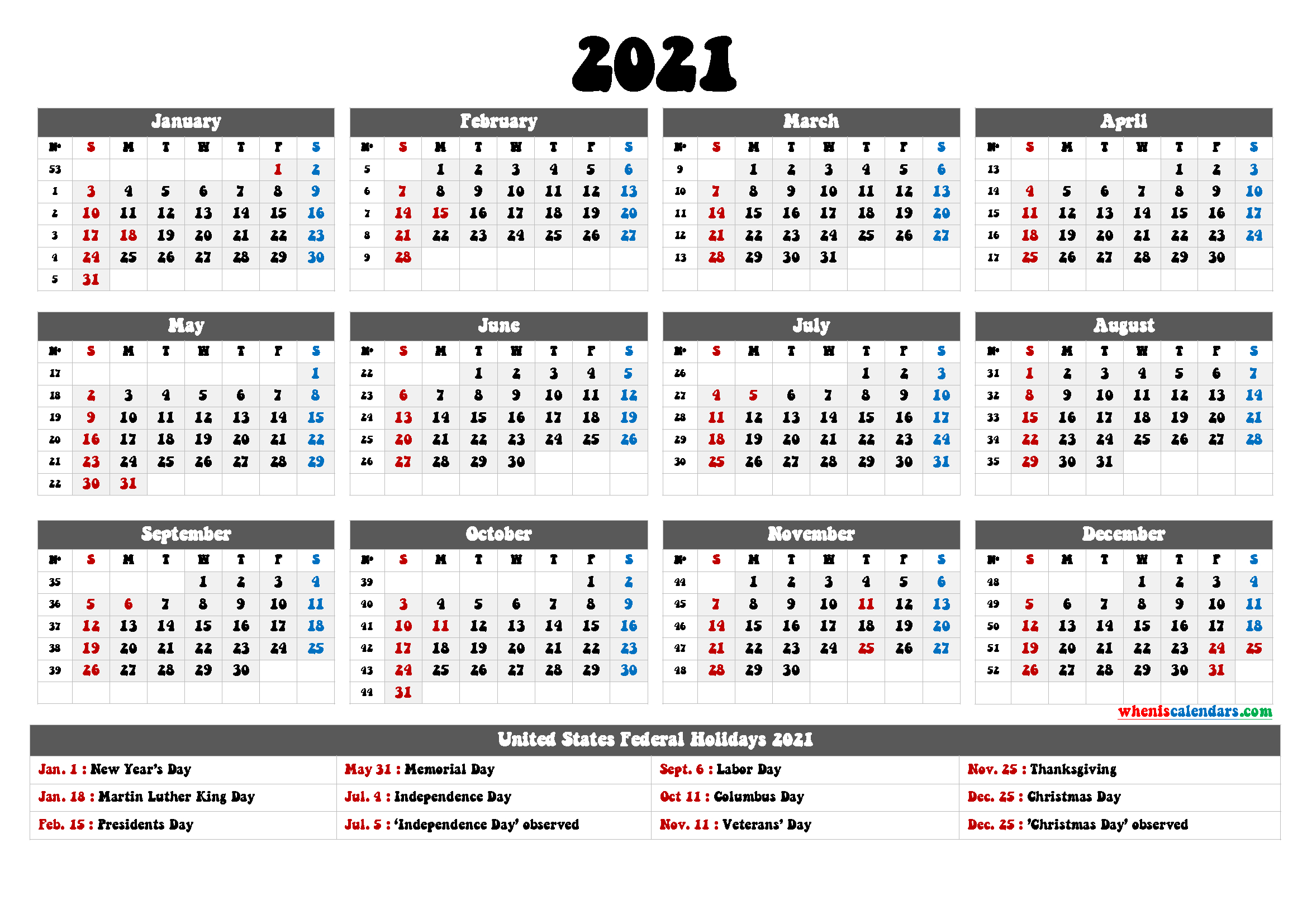 Free Printable Caldendars 2021 - 12 Templates-2021 Fillable Printable Calendar Free