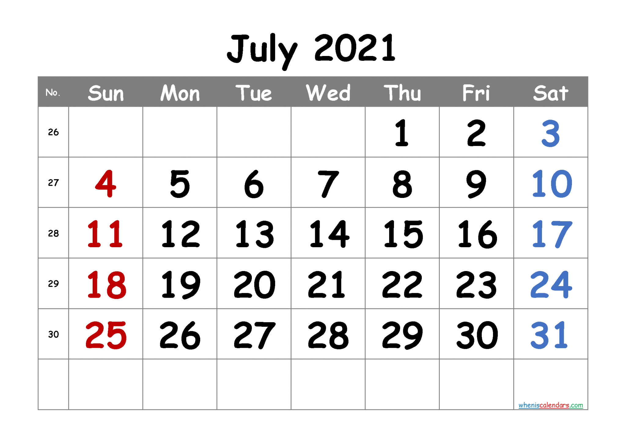 Free Printable July 2021 Calendar-Large Number 2021 Free Calendar