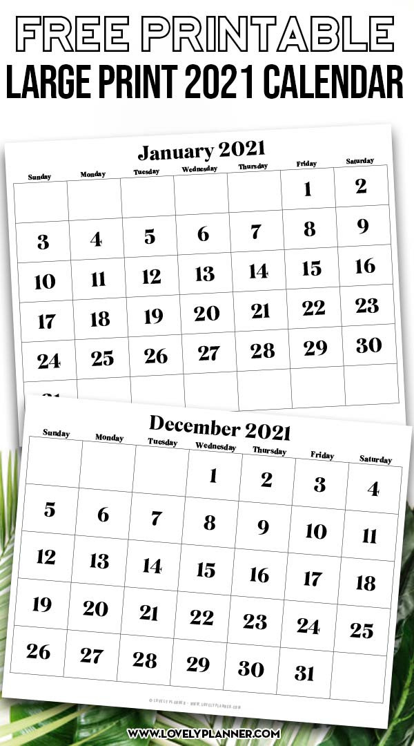 Free Printable Large Print 2021 Calendar - 12 Month-2021 Calendar Printable 2 Months Per Page