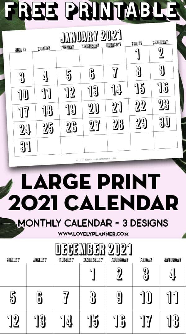 Free Printable Large Print 2021 Calendar - 12 Month-2021 Free Printable Monthly Calendar Pages