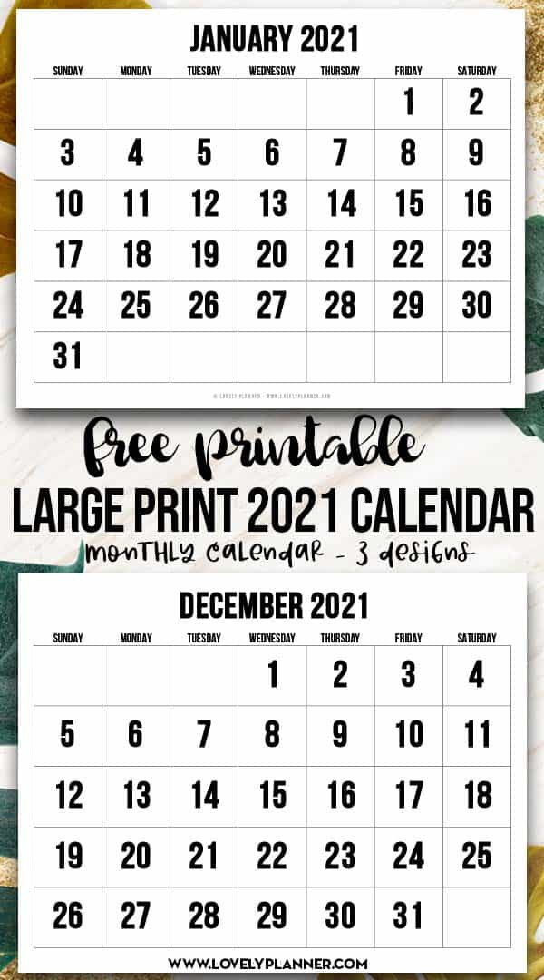 Free Printable Large Print 2021 Calendar - 12 Month-2021 Free Printable Monthly Calendar Pages