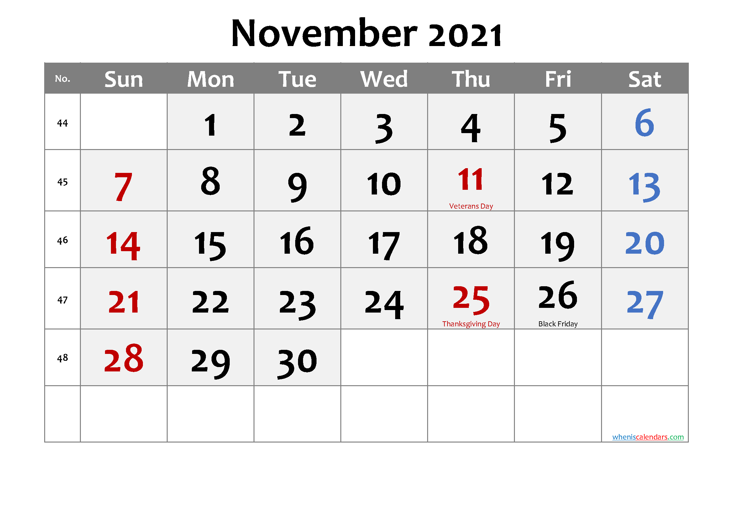 Free Printable November 2021 Calendar With Holidays-November 2021 Blank Calendar