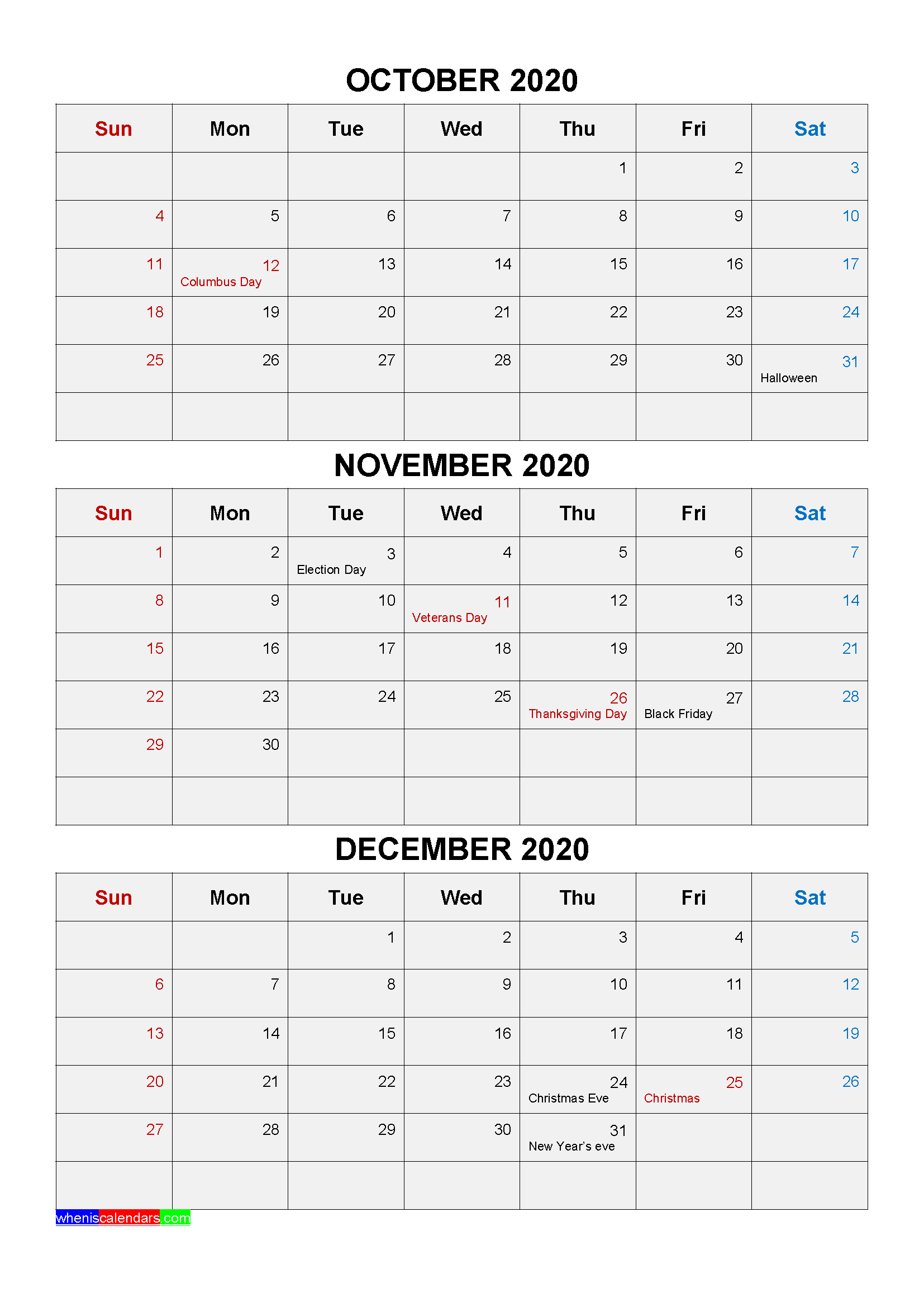 Free Printable October November December 2020 Calendar 3-Printable Calendar 2021 3 Months