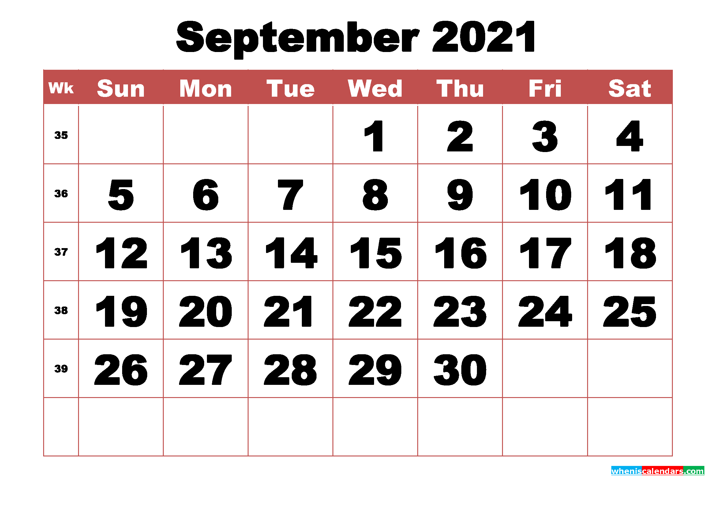 Free Printable September 2021 Calendar With Week Numbers-Large Number 2021 Free Calendar