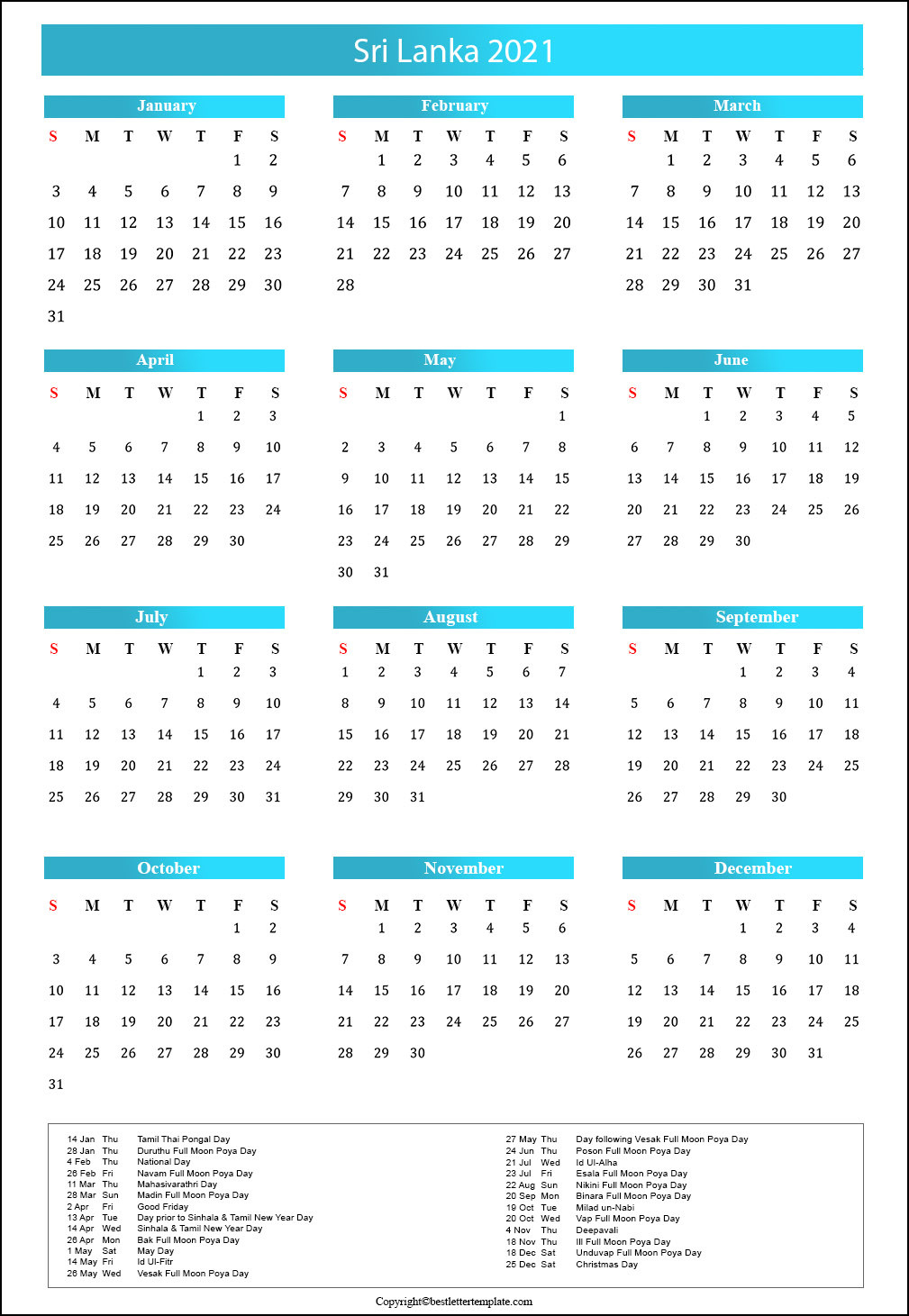 Free Printable Sri Lanka Calendar 2021 With Public Holidays-Mercantile Holiday Calander In Sri Lanka 2021
