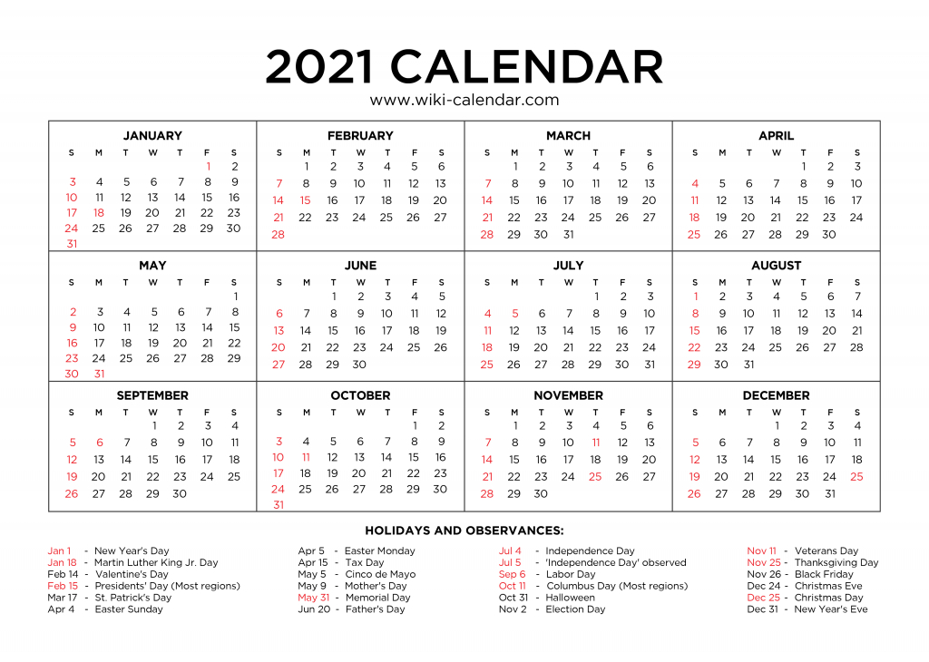 Free Printable Year 2021 Calendar With Holidays-2021 Vacation Schedule Template