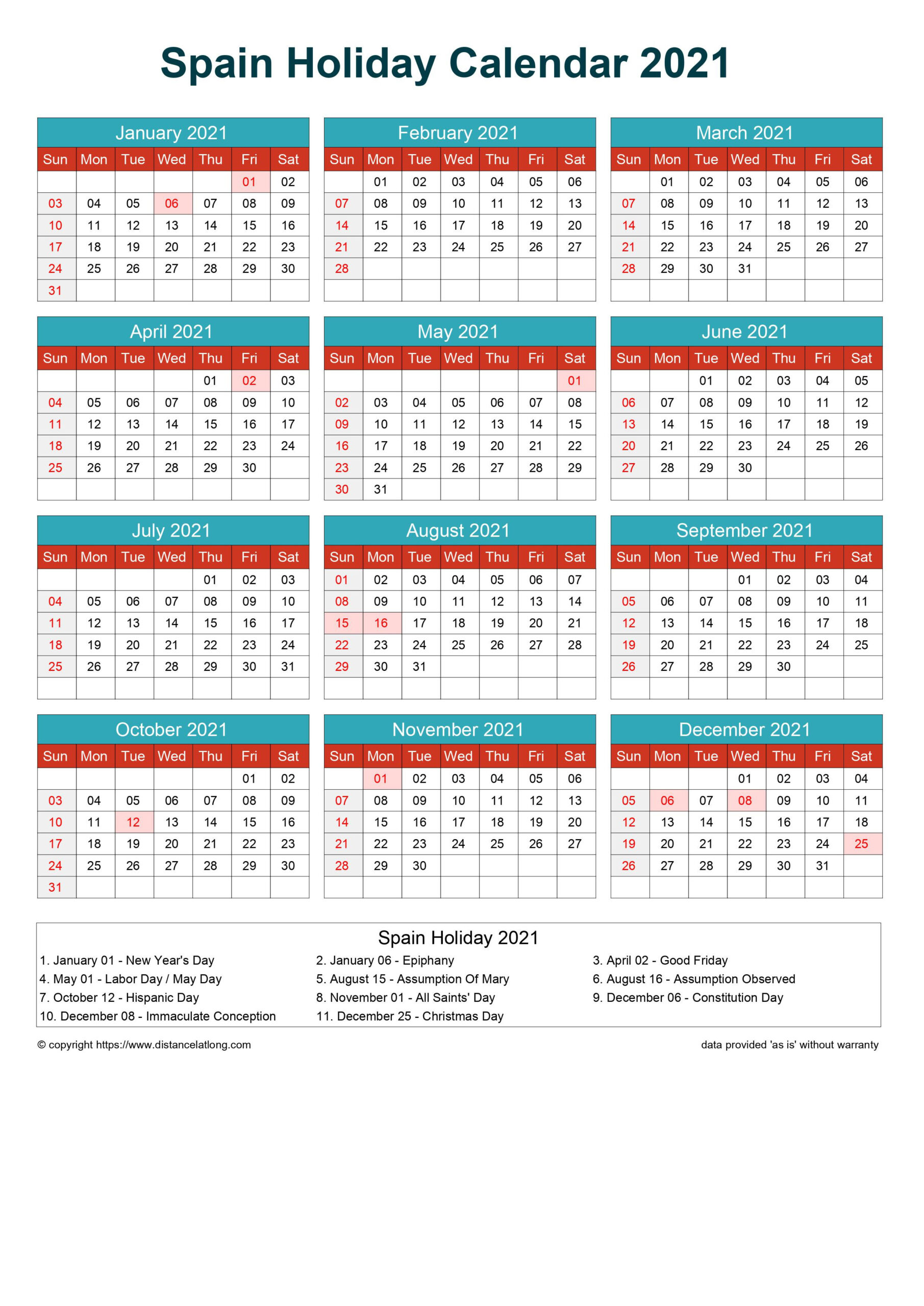 Free Spain Holiday Printable Calendar Cheerful Bright-Free Vacation Calendar 2021