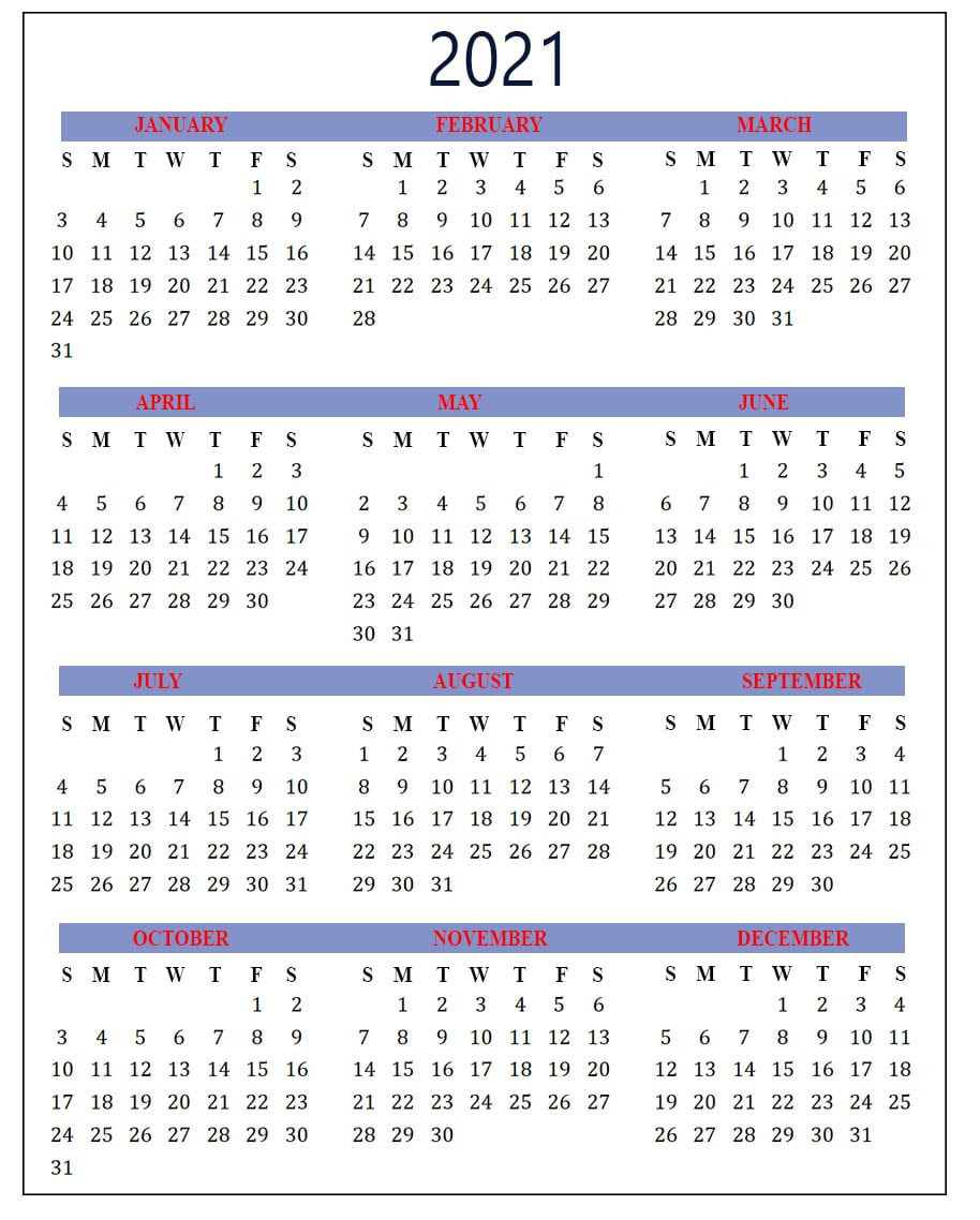 Free Yearly 2021 Calendar Template-Microsoft Word 2021 Yearly Calendar