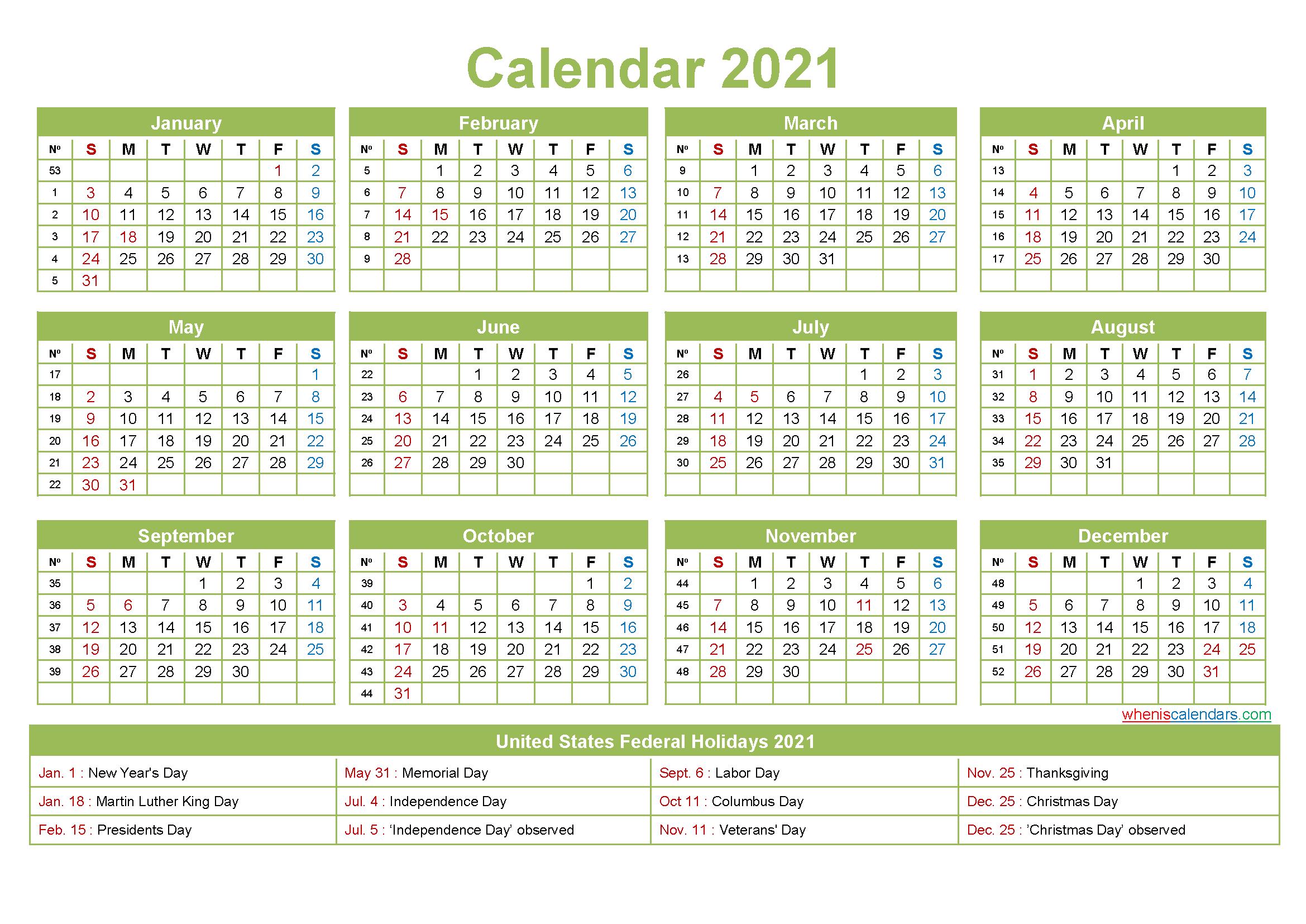 Free Yearly 2021 Calendar With Holidays Word, Pdf - Free-Mercantile Holiday 2021