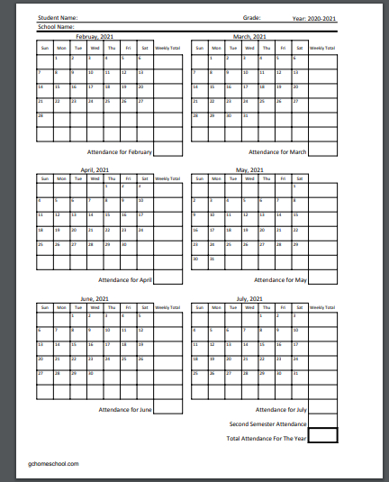 Grace Christian Homeschool: Free Homeschool Attendance-2021 Attendance Calendar Download