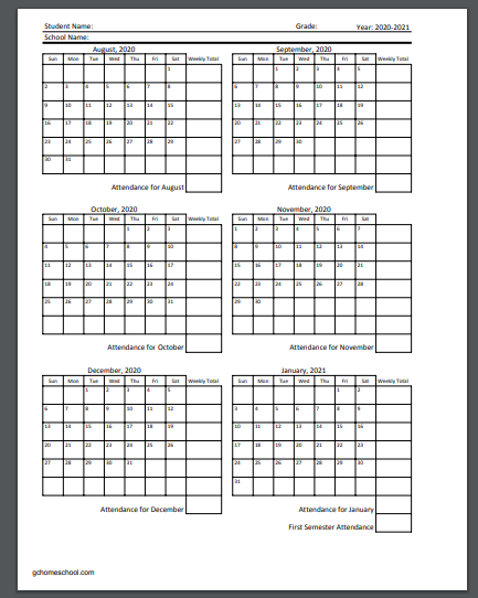Grace Christian Homeschool: Free Homeschool Attendance-Absentee Calendars 2021