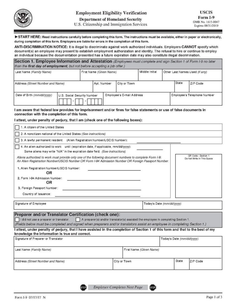 Irs 2020 Form I 9 I9 Form 2021 Printable - I9 Form 2021-Current I-9 Forms 2021 Printable