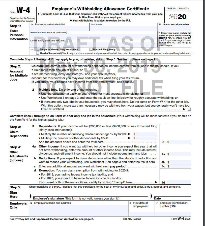 Irs Releases Draft 2020 W-4 Form-Free 2021 W 2 Form To Print