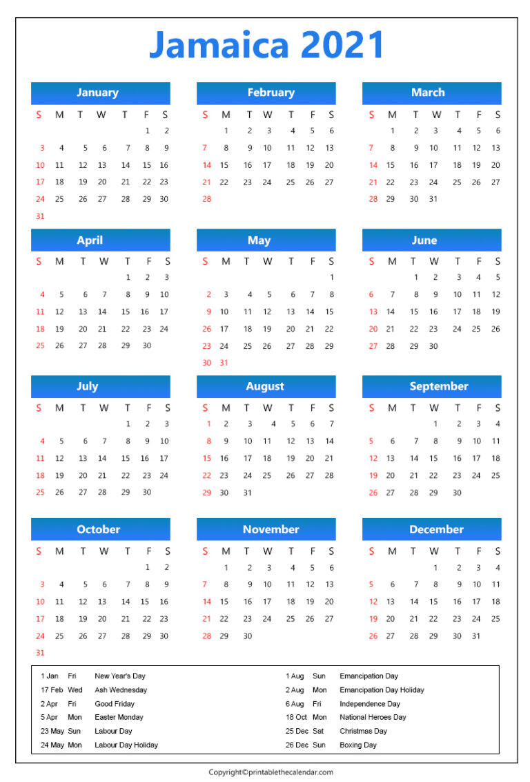 Jamaica Calendar 2021 With Holidays[Free Printable Template]-2021 Vacation Schedule Form