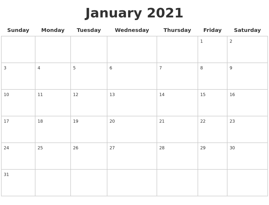 January 2021 Blank Calendar Pages-Blank 2 Page 2021 Calendar