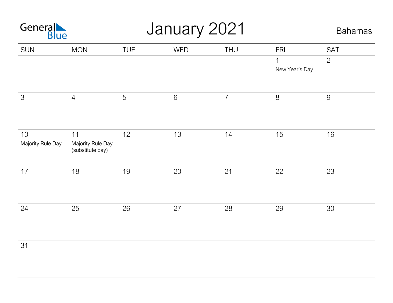 January 2021 Calendar - Bahamas-Beta Calendars 2021