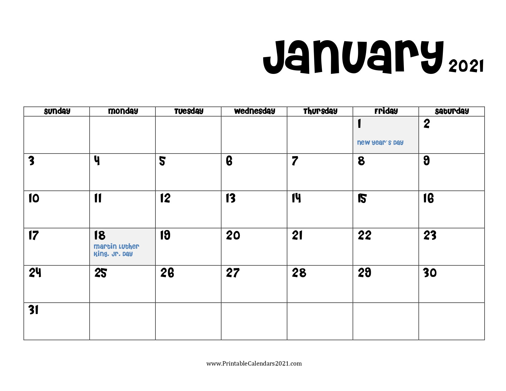 January 2021 Calendar Printable Free Monthly / Printable-2021 Monthly Calendar Printable Pdf Bills
