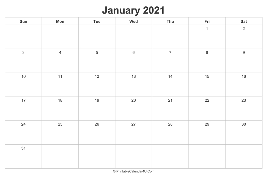 January 2021 Calendar Printable (Landscape Layout)-2021 Calendar Sun To Sat