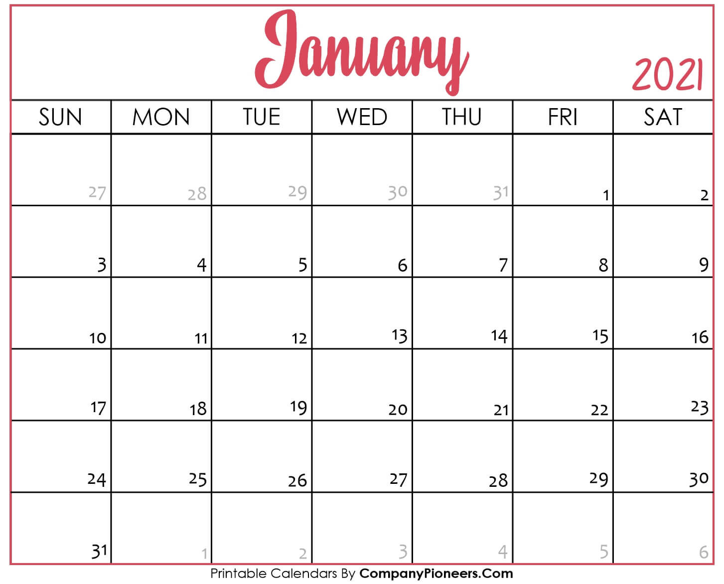 January 2021 Calendar Printable - Printable 2020 Calendars-January 2021 Calendar
