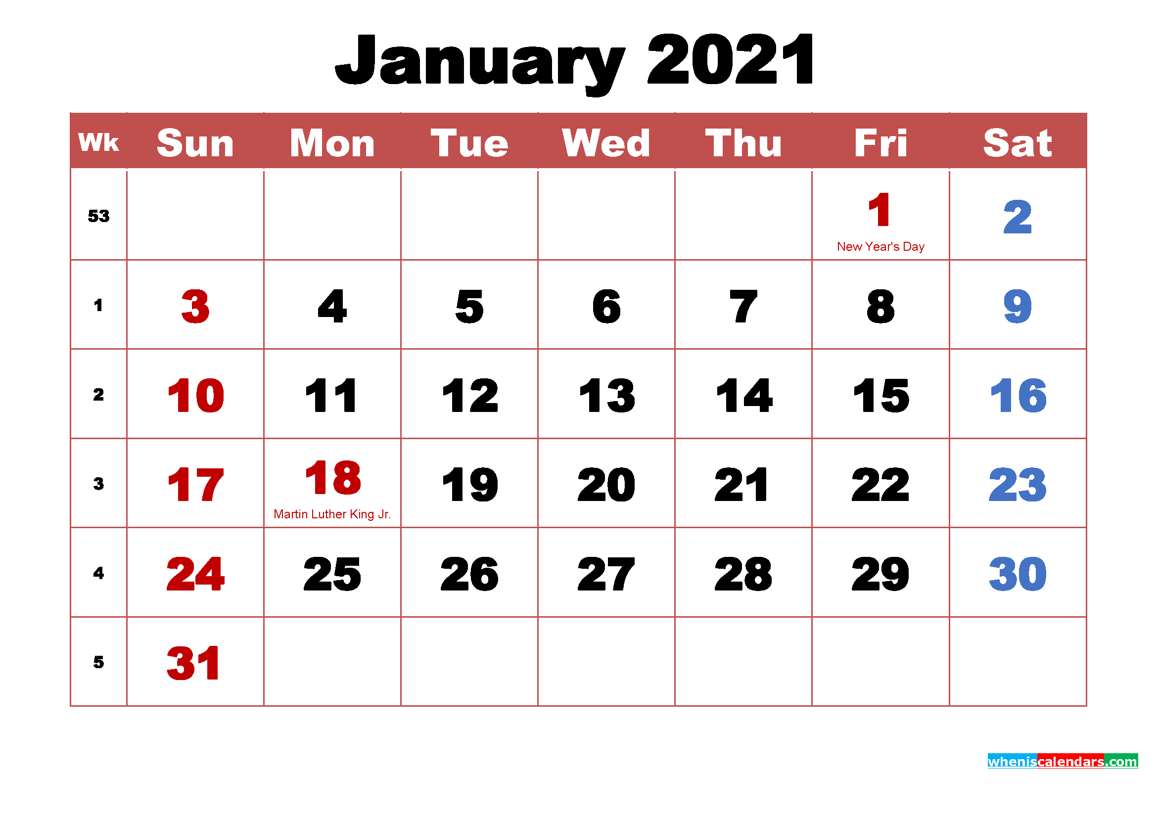 January 2021 Calendar With Holidays Printable-January 2021 Calendar Printable Free Monthly