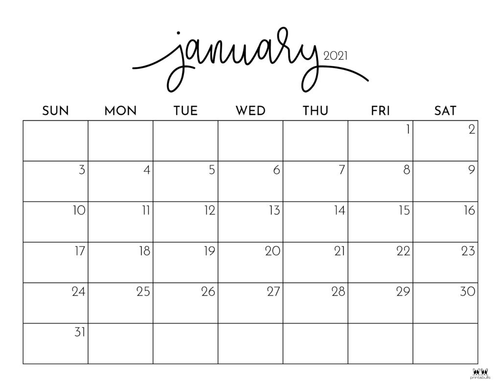 January 2021 Calendars - 15 Free Calendars | Printabulls-January 2021 Calendar