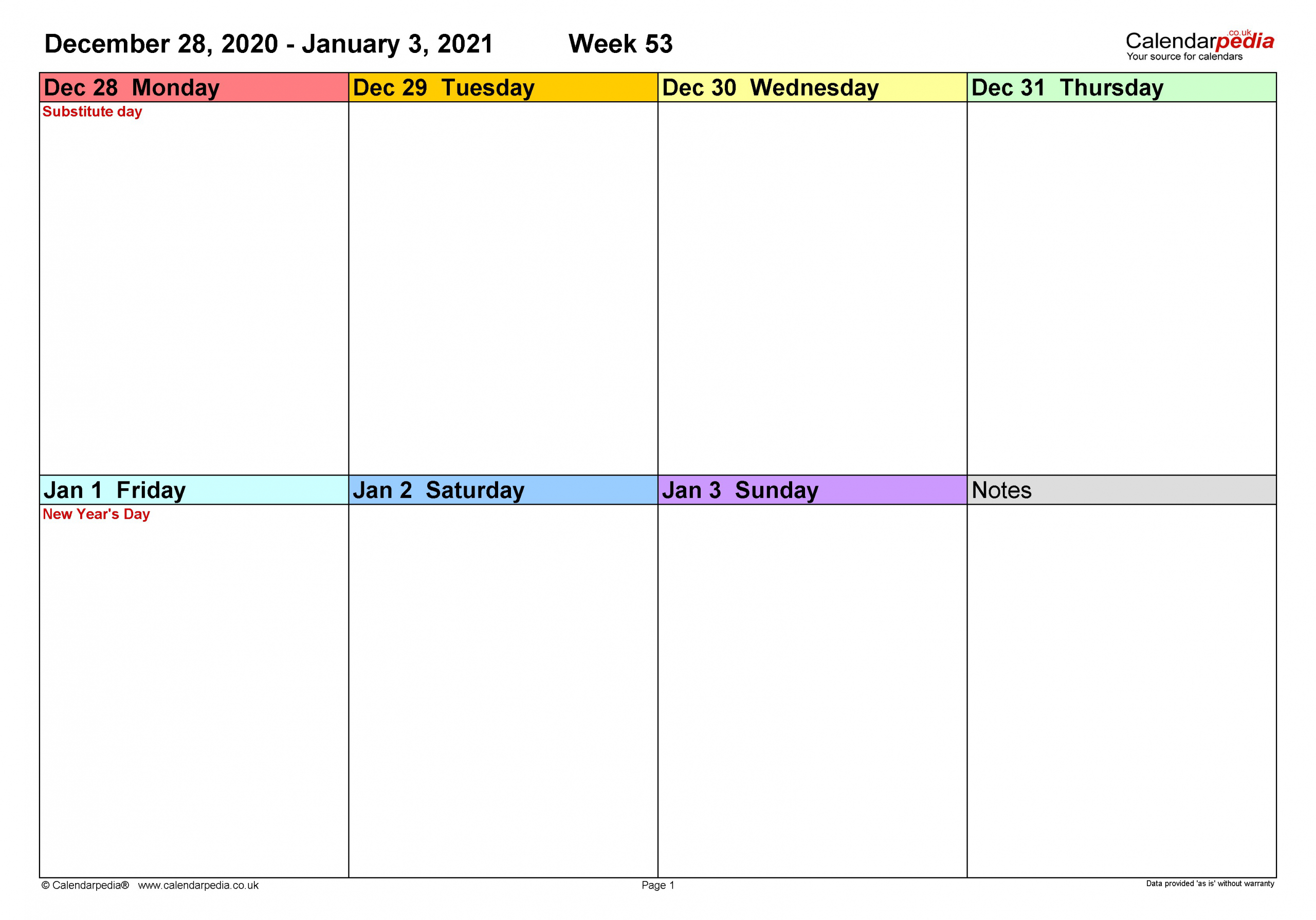 January 2021 Weekly Calendar | Printable Calendar Design-Planner Organizer 2021 Excel