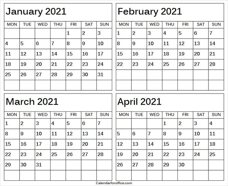 January To April 2021 Calendar Monday To Friday - Calendar-C2021 Calender Monday-Friday