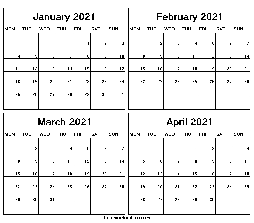 January To April 2021 Calendar Monday To Friday - Calendar-C2021 Calender Monday-Friday