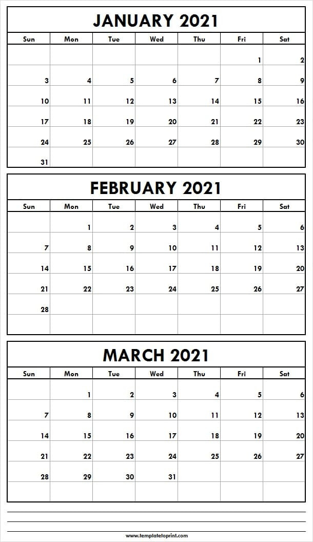 January To March 2021 Printable Calendar - Three Month-Printable Calendar 2021 3 Months