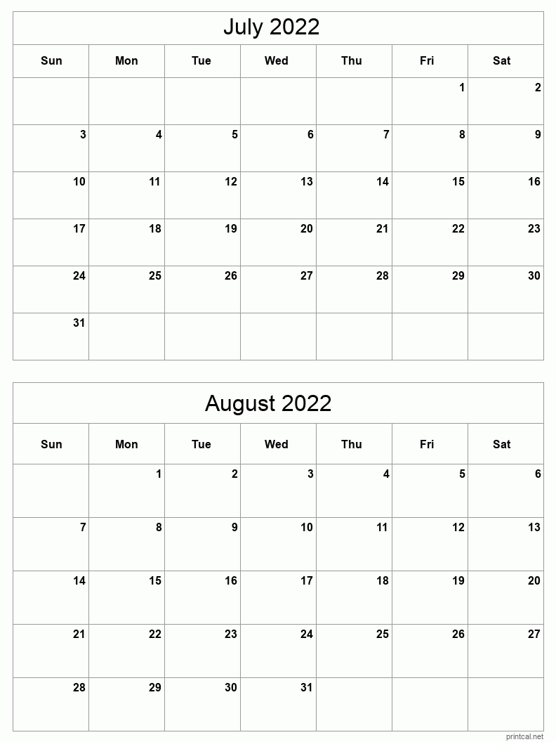 Jul-Aug 2022 Printable Calendar | Two Months Per Page-Calendar To Print 2021 4 Months To A Page