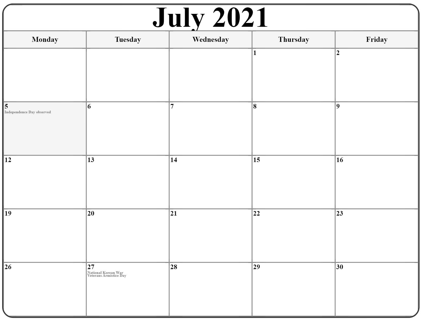 July 2021 Monday Calendar | Monday To Sunday-C2021 Calender Monday-Friday