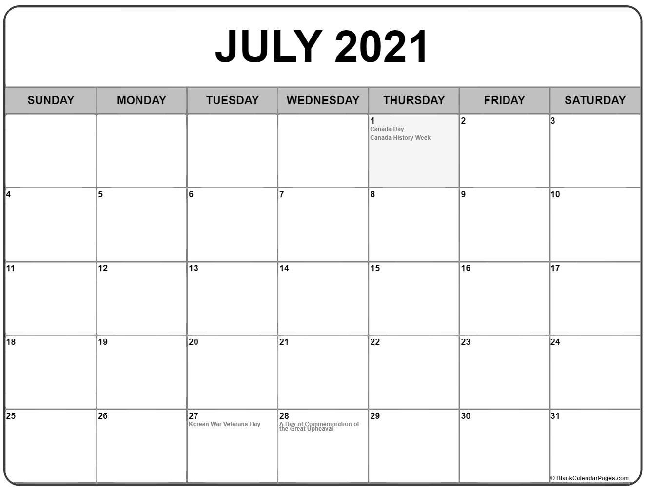 July 2021 With Holidays Calendar-July August 2021 Calendar Template