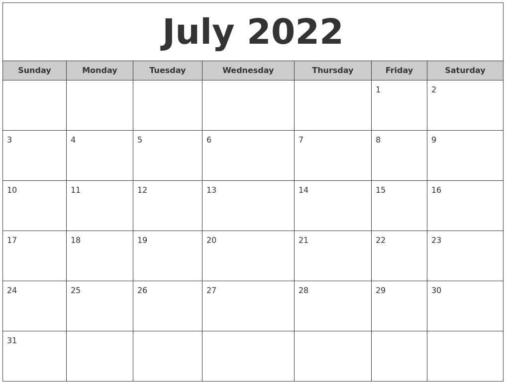 July 2022 Free Monthly Calendar-Day To Page Blank Calendar July 2021 Printable
