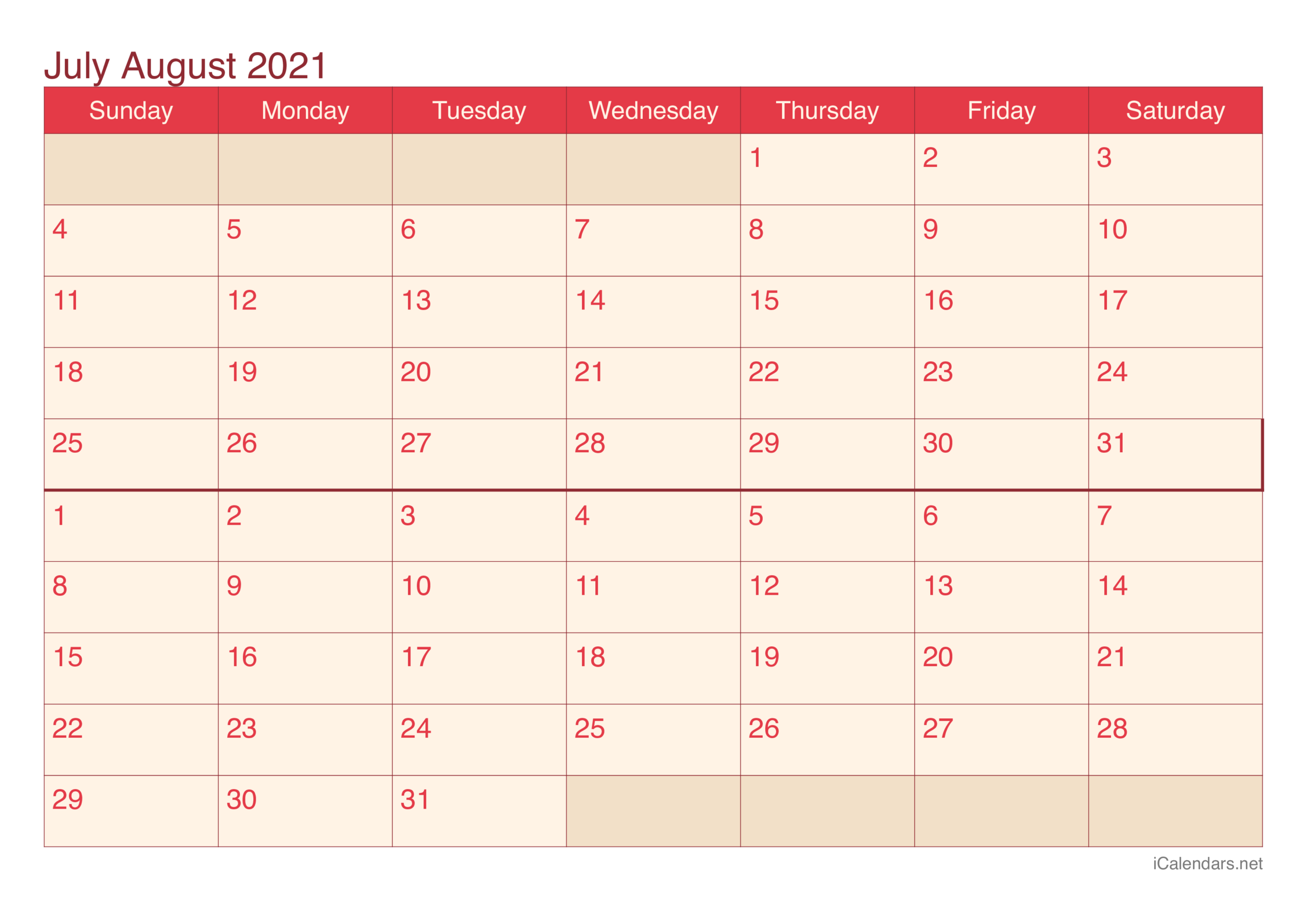 July And August 2021 Printable Calendar - Icalendars-July August 2021 Calendar Template