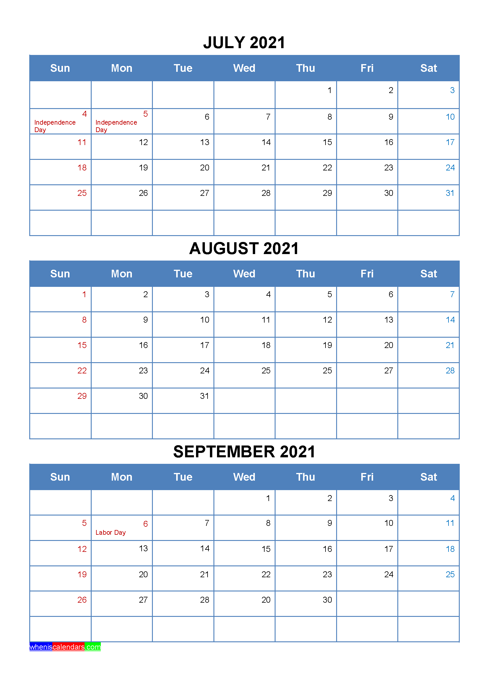 July August September 2021 Calendar With Holidays [Four-3 Month Calendar June-August 2021