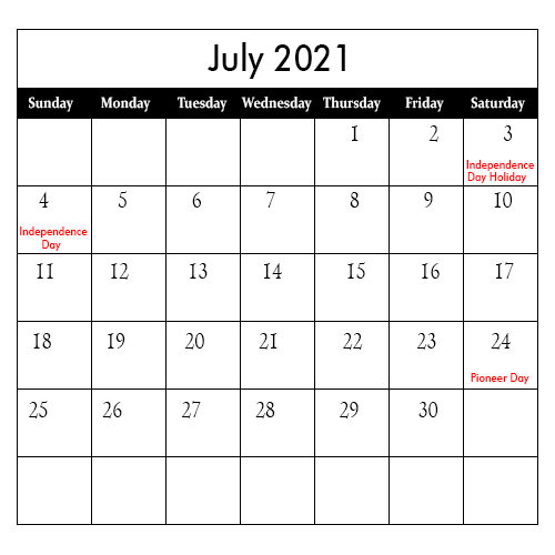 July Holidays 2021 | July Calendar 2021 With Holidays-Printable 2021 Vacation Calendar