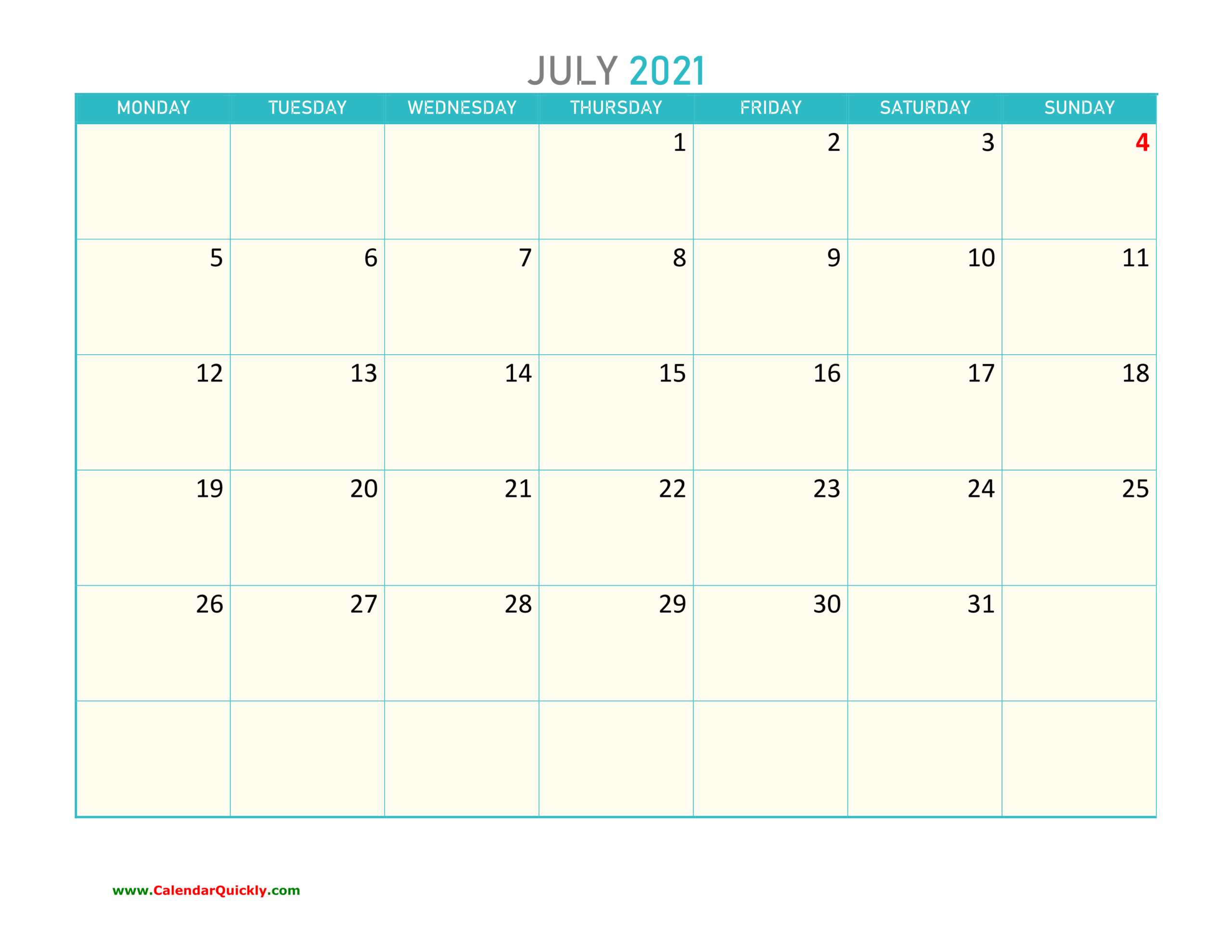 July Monday 2021 Calendar Printable | Calendar Quickly-Day To Page Blank Calendar July 2021 Printable
