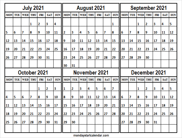 July To December 2021 Blank Calendar - Calendar 2021 July Cute-October 2021 Thru December 2021 Calendar
