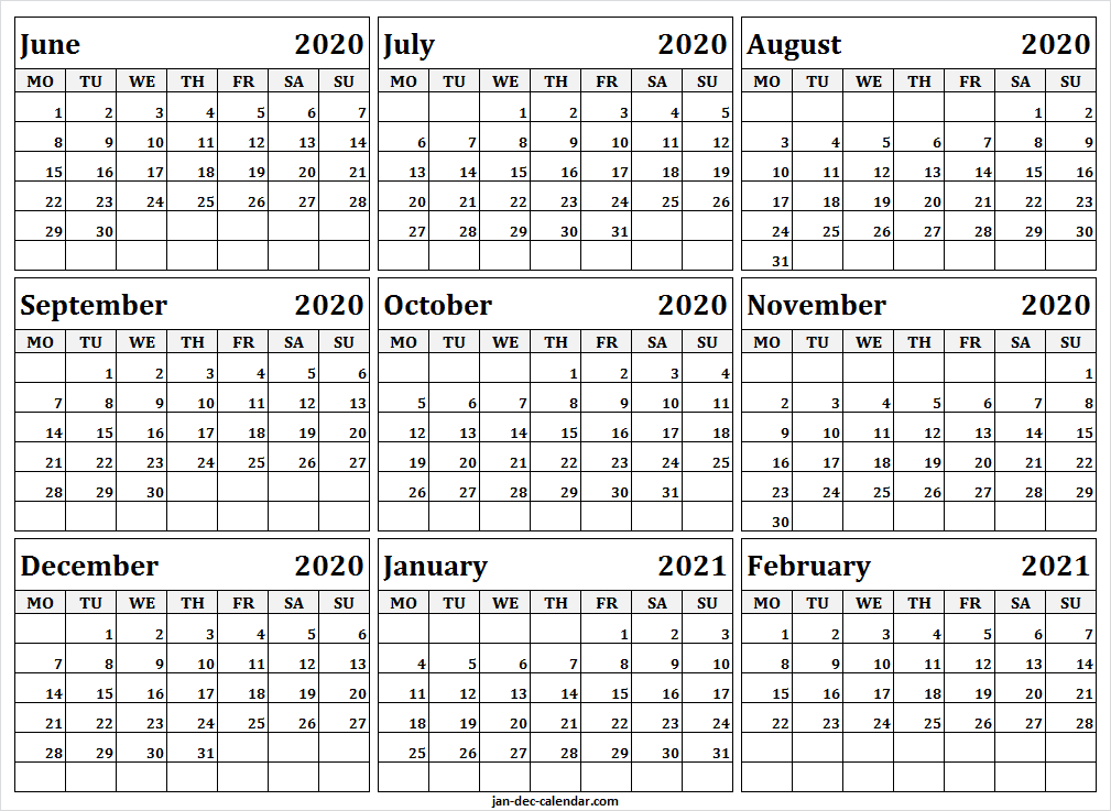 June 2020 To February 2021 Calendar Template - Free Blank-Monthly Wellness Calendar 2021