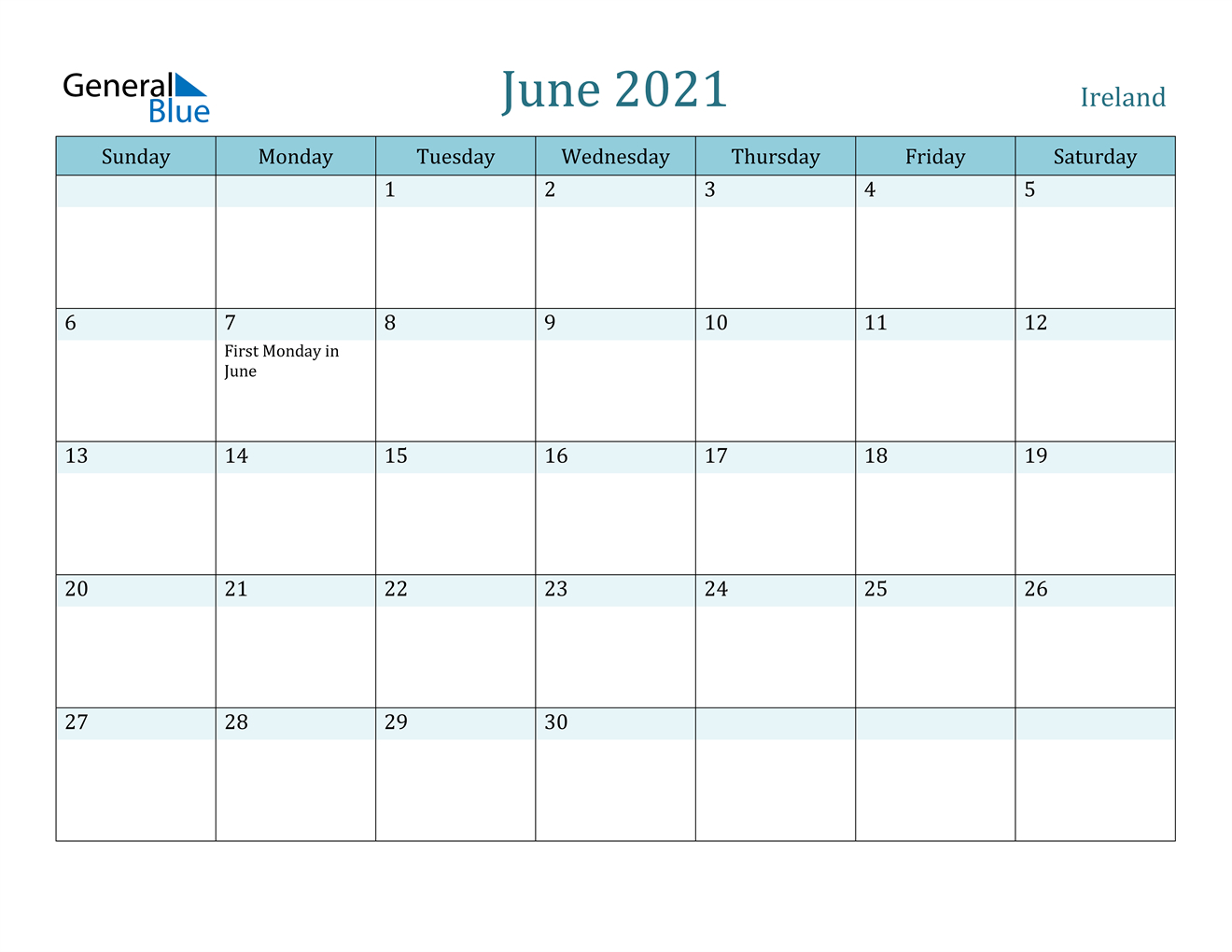 June 2021 Calendar - Ireland-June 2021 Calendar Printable Template