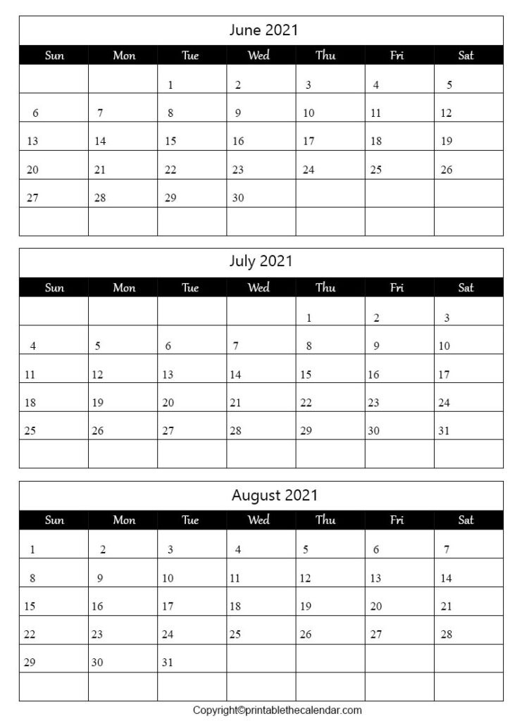 June July August 2021 Calendar [Free Printable Template-July August 2021 Calendar Template