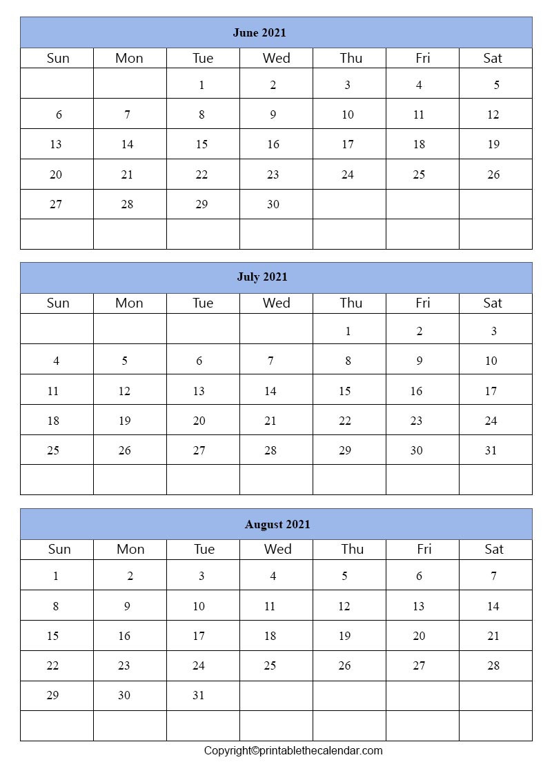 June July August Calendar 2021 | Printable The Calendar-July August 2021 Calendar Template