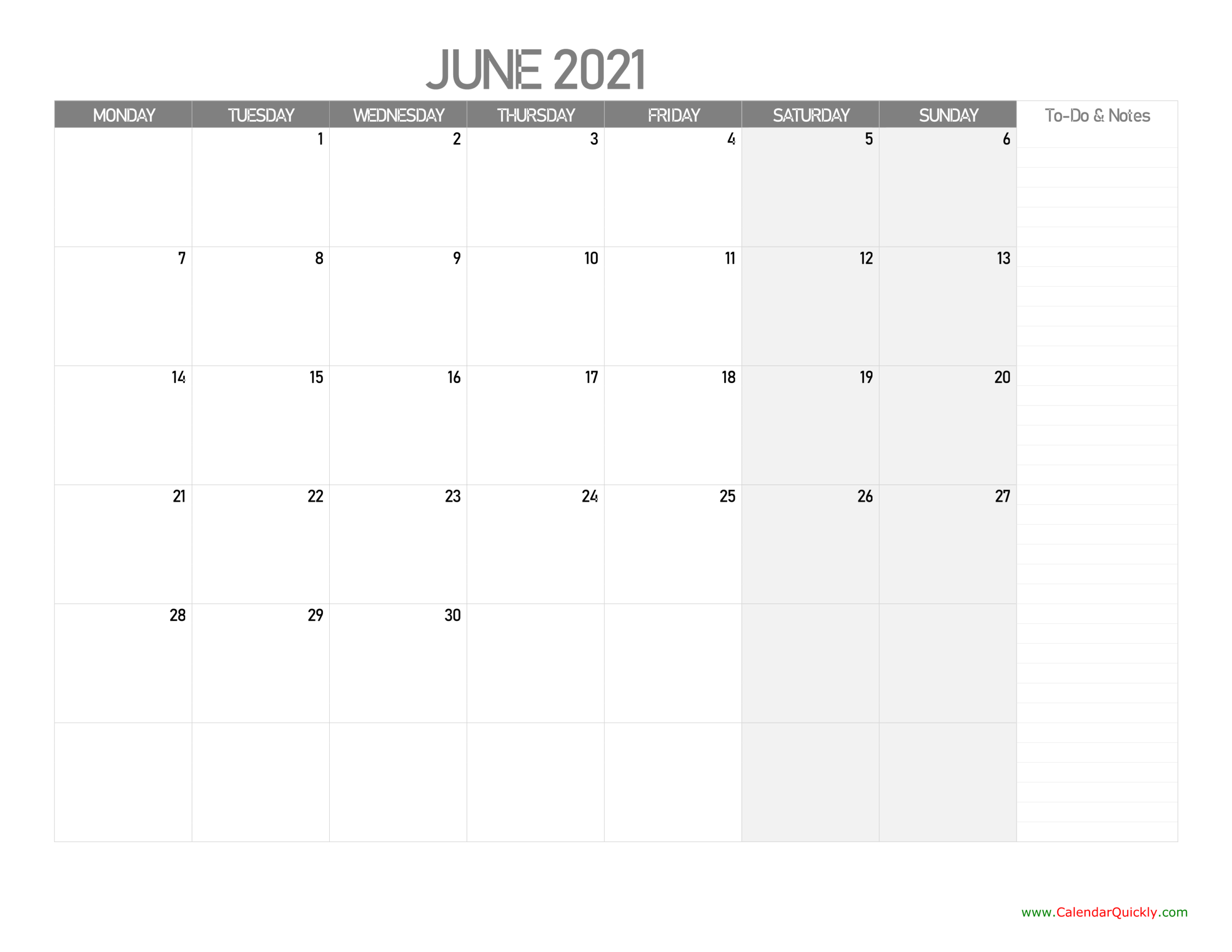 June Monday Calendar 2021 With Notes | Calendar Quickly-Printable Calendar Starting Monday 2021