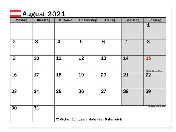 Kalender &quot;Österreich&quot; August 2021 Zum Ausdrucken - Michel-Kalender August 2021 Schwangerschaft