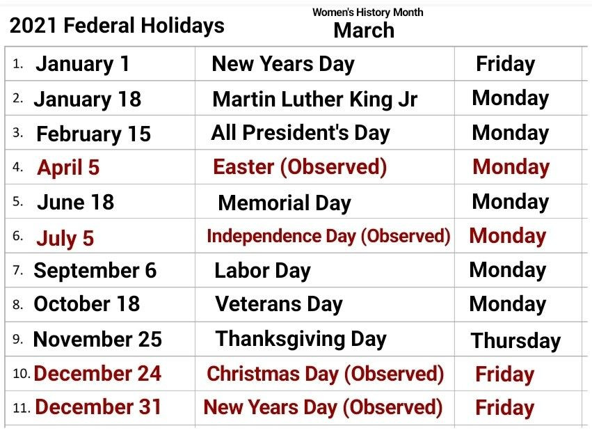 King Listed The 2021 Federal Holiday Calendar With-Free Employee Vacation Schedule 2021