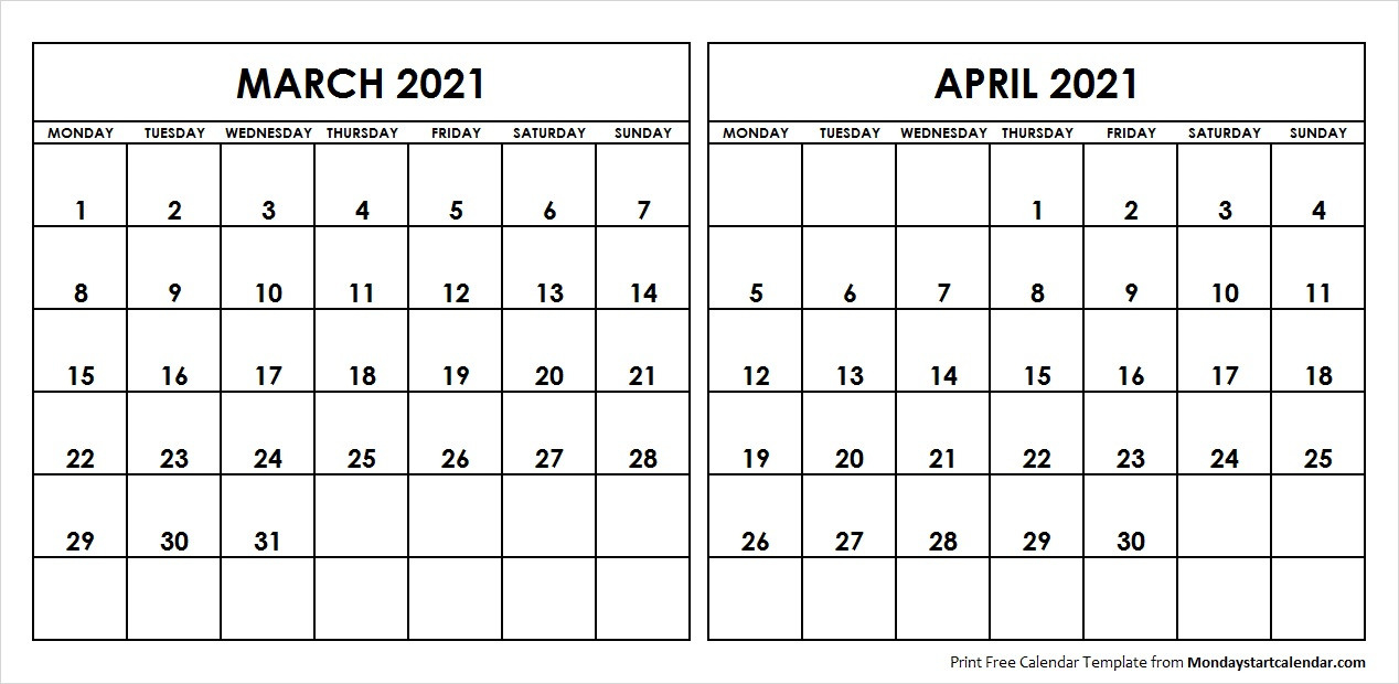 Mar Apr 2021 Calendar Monday Start | Editable Two Months-Printable Calendar 2 Page 2021 Monthly