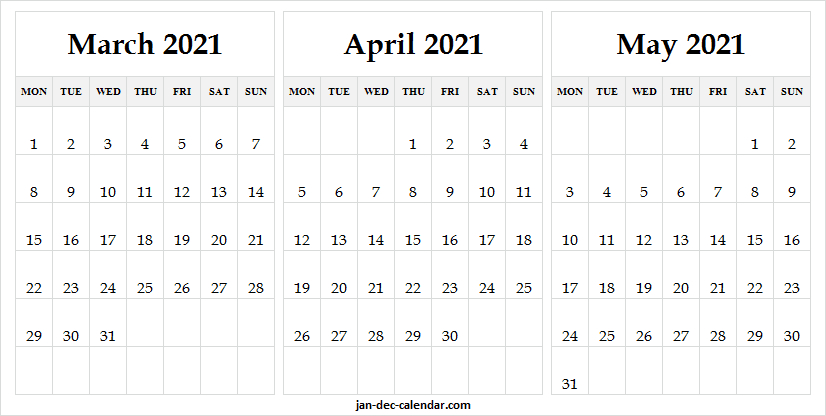 Mar To May Month Calendar 2021 - Free Blank Calendar With-Monthly Wellness Calendar 2021