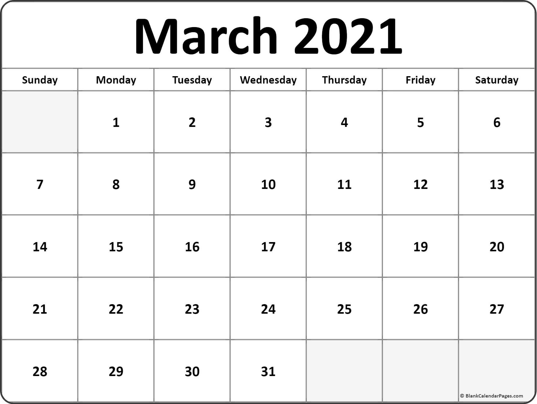 March 2021 Blank Calendar Collection.-2021 Printable Calendar Free Full Page